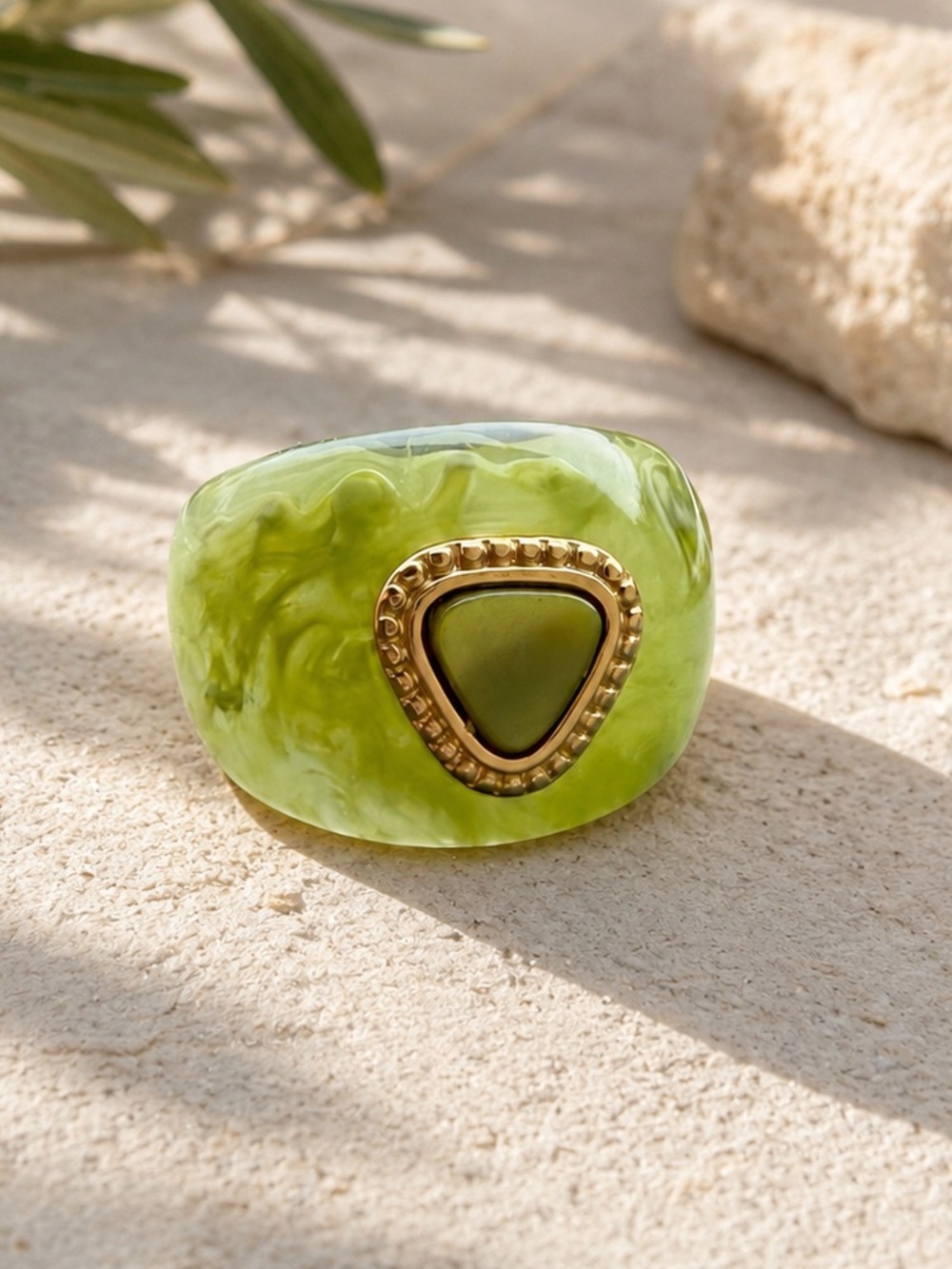 Green Resin Statement Ring with Triangular Accent